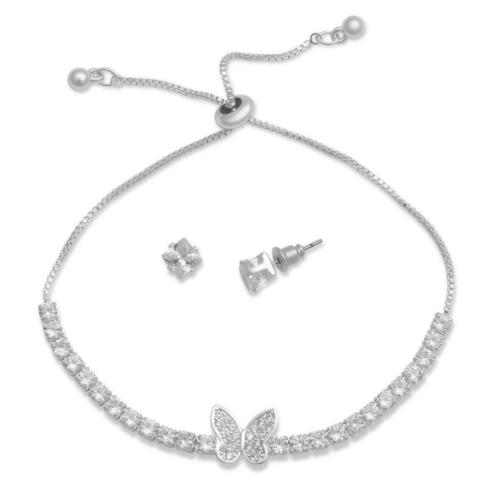 Macy's Silver Plated Cubic Zirconia Butterfly Bracelet and Stud Earring Set